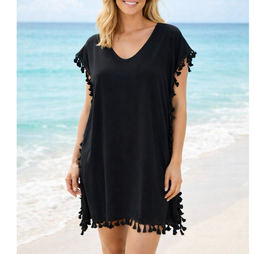 Yincra Black Chiffon Tassel Beach Swimsuit Coverup Lightweight Size Small Medium
